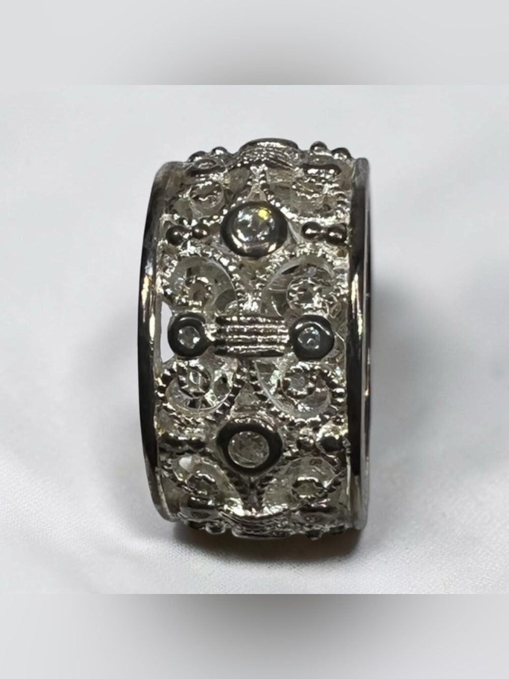 Silver-Tone Vintage-Inspired Filigree Crystal Statement Band Ring - Picture 5 of 6